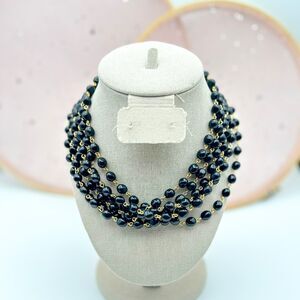 Karl Lagerfeld Multi-strand Choker Length Bib Necklace Black Beads Gold Tone